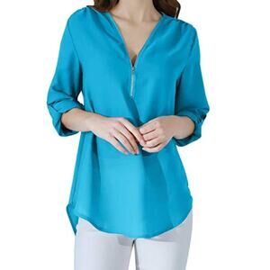 Aqua Blue Lightweight Chiffon V-Neck Tunic Blouse with Zipper Detail Size Large